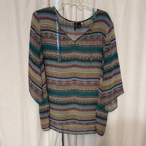 New Directions Green and Brown Graphic 3/4 Sleeve Blouse